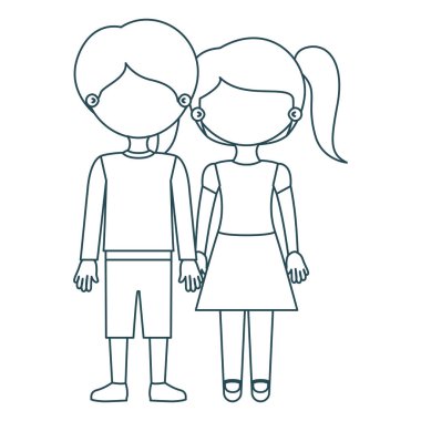 Blue contour faceless couple children with taken hands vector