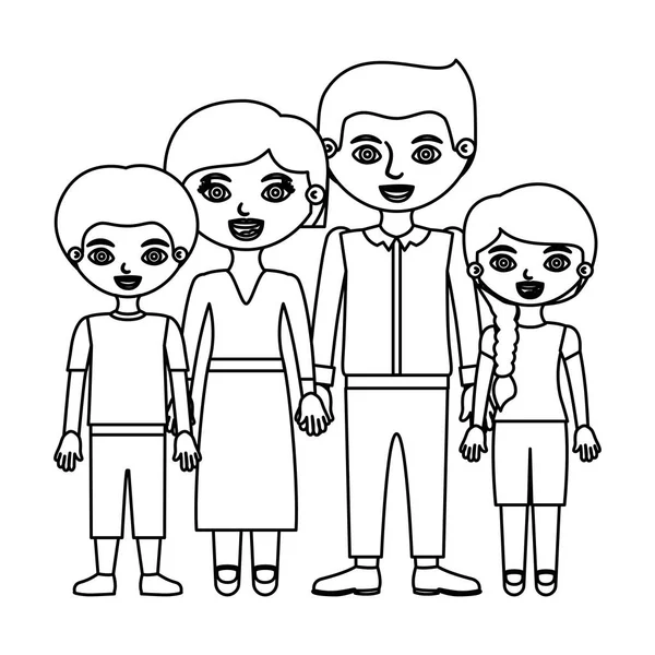 Esboço silhueta grupo familiar com pais em terno formal e crianças em roupas casuais — Vetor de Stock
