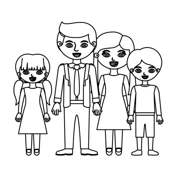 Nákres silueta rodinné skupiny s rodiči ve formálním obleku a dětmi v šatech a šortky — Stockový vektor