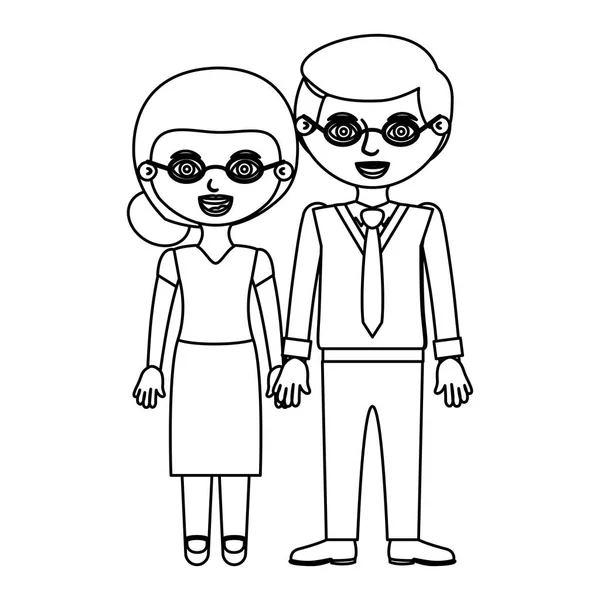 Croquis silhouette vieux couple femme avec les cheveux recueillis et l'homme en costume formel avec les mains prises — Image vectorielle