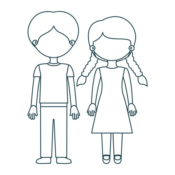 Azul contorno sem rosto casal menino com calças e menina com tranças penteado — Vetor de Stock