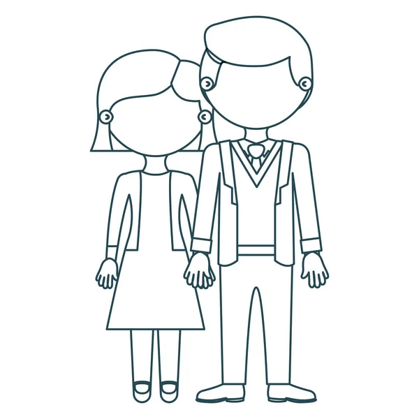 Contour bleu sans visage couple femme avec les cheveux courts dans la robe et l'homme en costume formel avec les mains prises — Image vectorielle