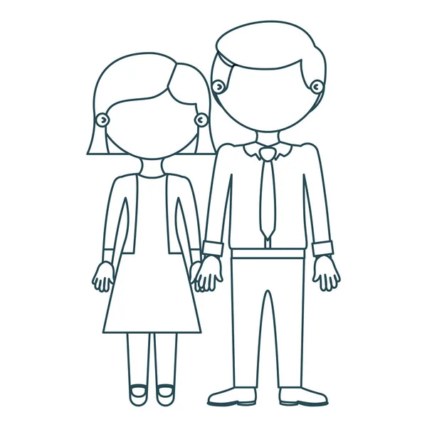 Μπλε περίγραμμα απρόσωπη ζευγάρι γυναίκα με κοντή τρίχα σε φόρεμα και άνδρας με γραβάτα και λαμβάνονται τα χέρια — Διανυσματικό Αρχείο