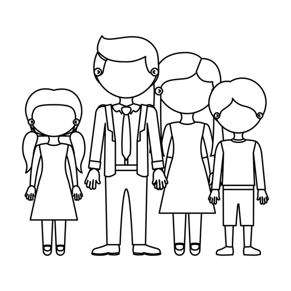 Sketch silhouette faceless family group in elegant clothing and taken hands — Stock Vector