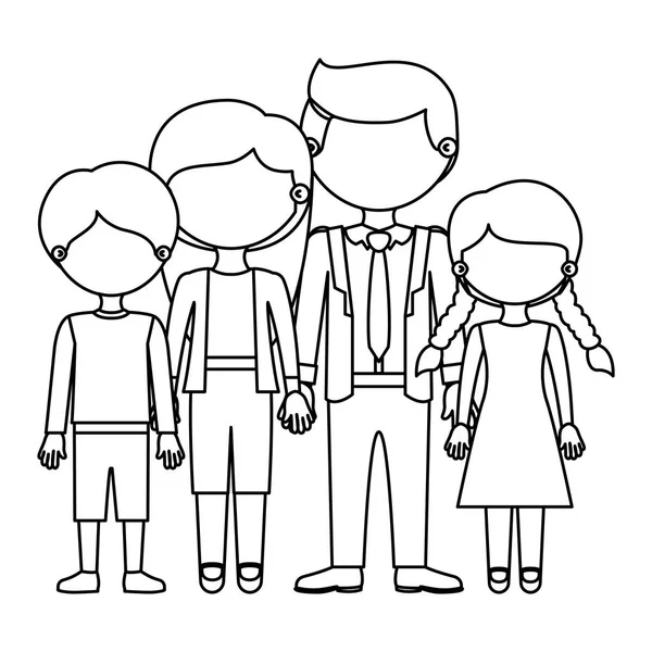 Skizze Silhouette gesichtslose Familiengruppe in lässiger Kleidung und ergriffen Händen — Stockvektor