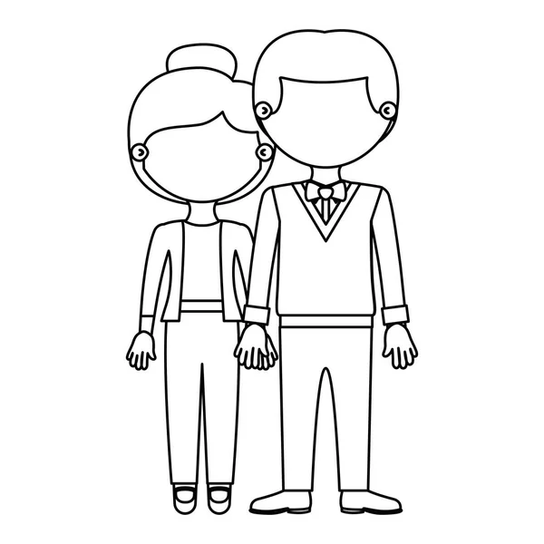 Skizze Silhouette gesichtsloses Paar Frau mit gesammelter Frisur und Mann mit formalem Anzug und gefangenen Händen — Stockvektor