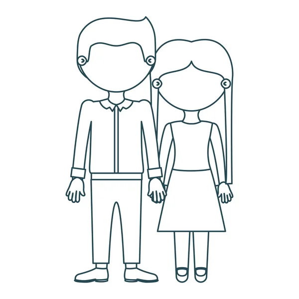 Couple sans visage contour bleu en costume formel pris les mains — Image vectorielle
