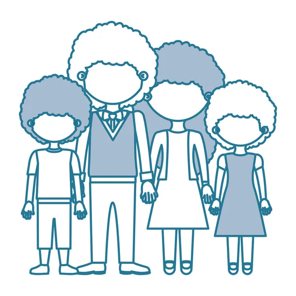 Mavi kontur renk bölümleri meçhul kıvırcık saçlı aile grubu resmi takım elbise ve alınan eller ile — Stok Vektör
