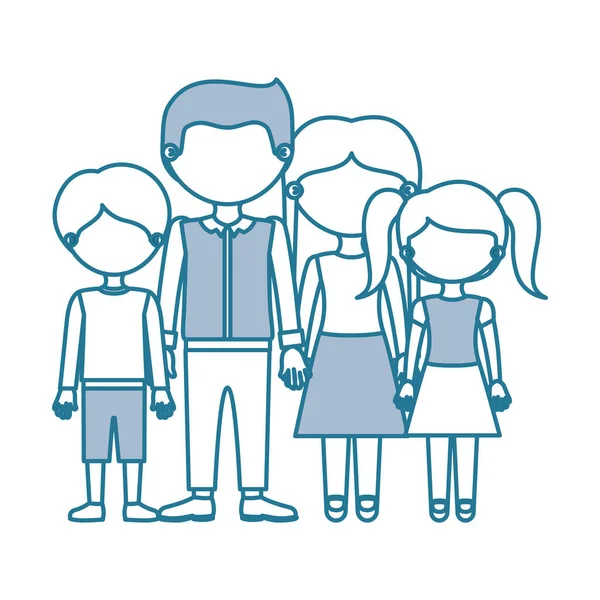 Blå kontur med färg sektioner ansiktslösa familj grupp i casual kläder och tagit händer — Stock vektor