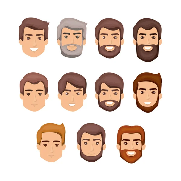 Fundo branco com rostos masculinos com estilos de cabelo e barba — Vetor de Stock