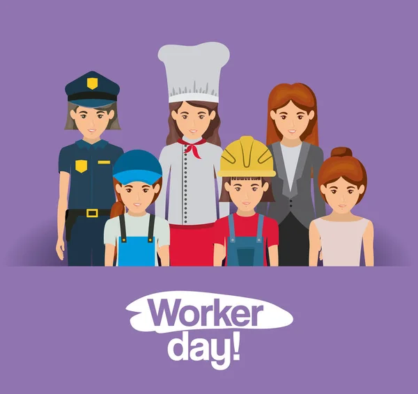 Tarjeta púrpura con grupo de trabajadoras en el día del trabajador — Vector de stock