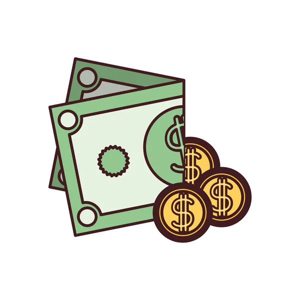 Kleurrijke silhouet van munten en gevouwen geld en zwarte contour — Stockvector