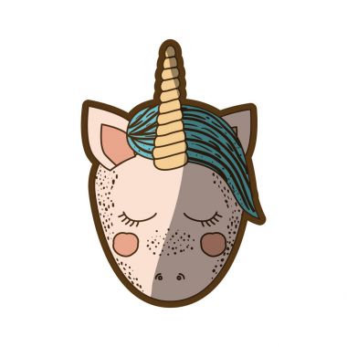 ön yüz karikatür unicorn kapalı gözler ve mavi yele ile renkli kalın kontur