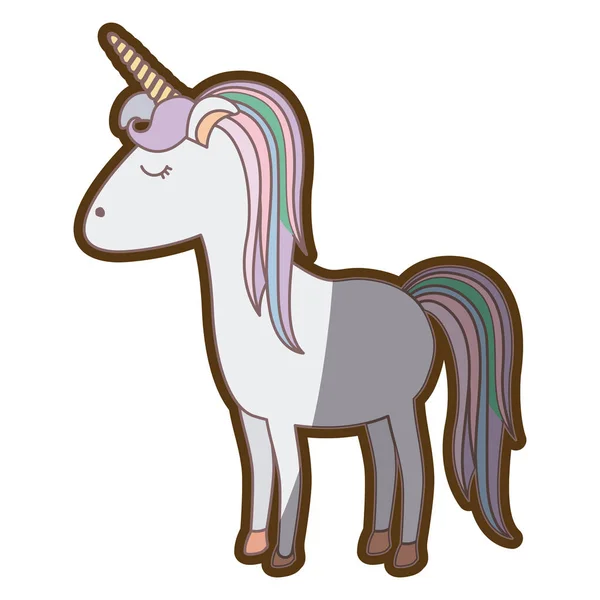 Kleurrijke dikke contour cartoon unicorn grijze staan met gesloten ogen en regenboog mane — Stockvector