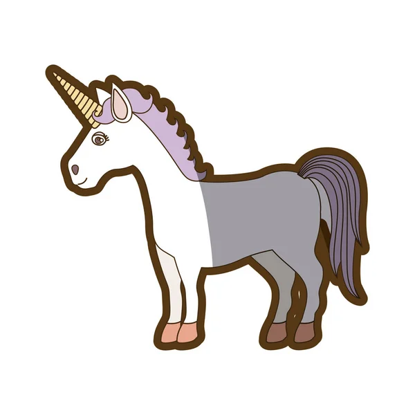 Latar belakang putih dengan karikatur unicorn berdiri dan surai ungu dan kontur tebal - Stok Vektor