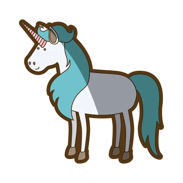 Latar belakang putih dengan kartun unicorn berdiri dengan surai biru panjang dan kontur tebal - Stok Vektor