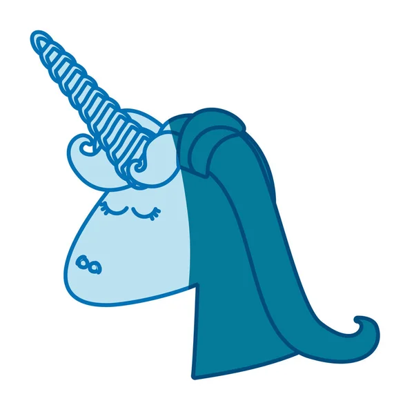 Siluet biru dari sisi tampilan wajah unicorn perempuan dengan surai - Stok Vektor