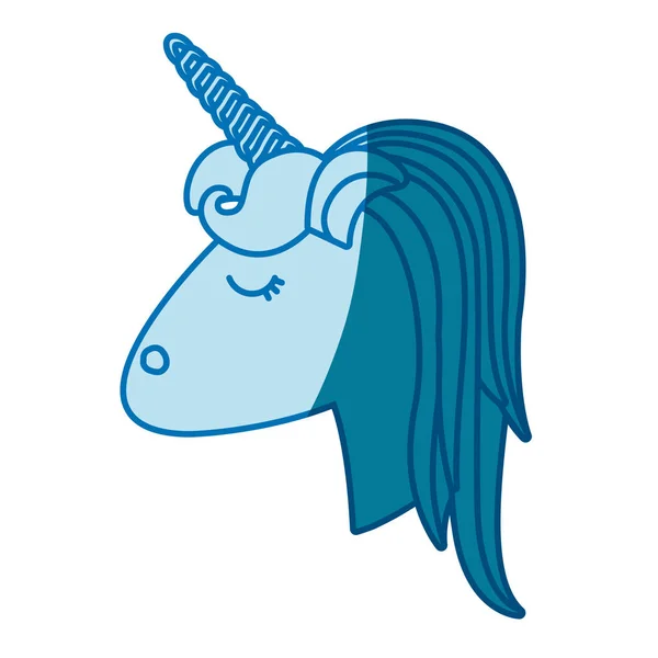 Siluet biru dari sisi tampilan wajah unicorn perempuan dengan surai bergaris - Stok Vektor