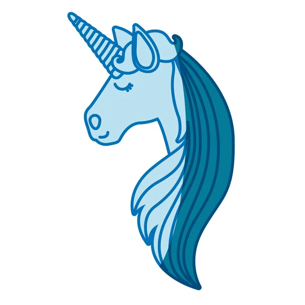 Siluet biru dari sisi tampilan wajah unicorn perempuan dan surai bergaris panjang - Stok Vektor