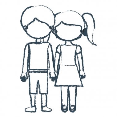 Blurred blue contour faceless couple children with taken hands vector