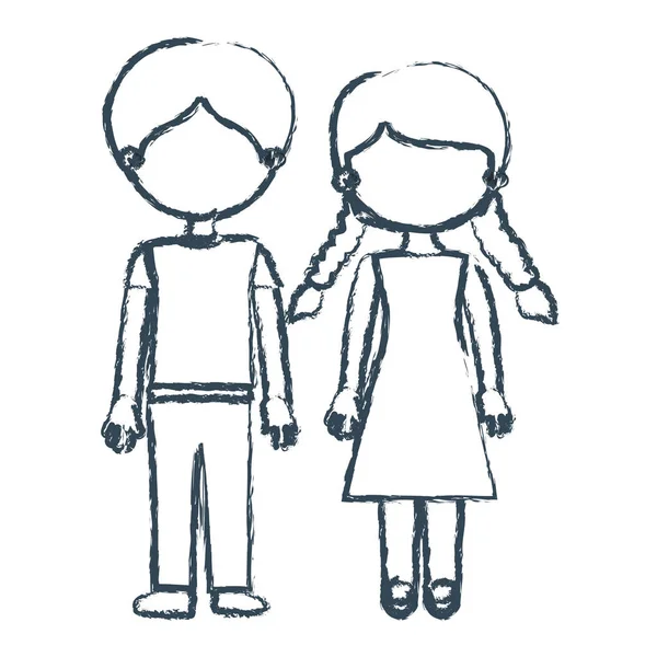 Rozmazané modrý obrysový anonymní pár kluk s kalhoty a dívka s copánky účes — Stockový vektor