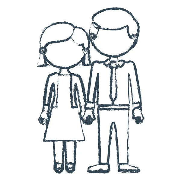 Θολή μπλε περίγραμμα απρόσωπη ζευγάρι γυναίκα με κοντή τρίχα σε φόρεμα και άνδρας με γραβάτα και λαμβάνονται τα χέρια — Διανυσματικό Αρχείο