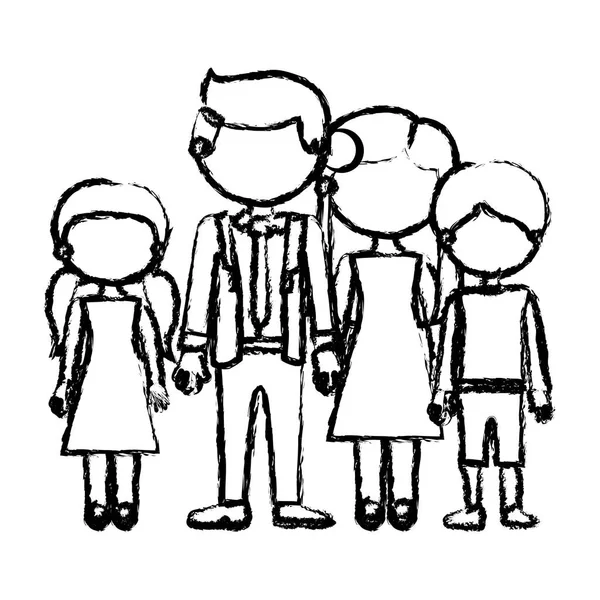 Blurred black contour faceless family group in elegant clothing and taken hands — Stock Vector