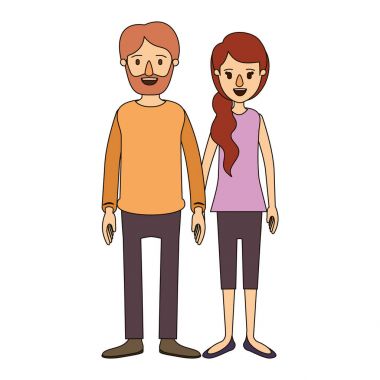 renk resim karikatür tam vücut kadın çift at kuyruğu yan saç ve rahat giyim adam