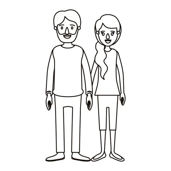 Silhouette caricature complet corps couple femme avec queue de cheval côté cheveux et homme en vêtements décontractés — Image vectorielle