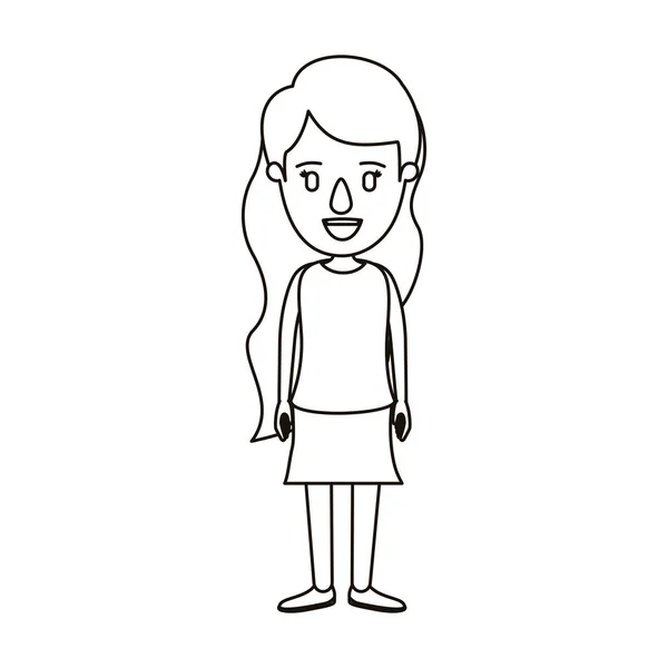 Silhouette Karikatur Ganzkörper Frau mit welligen langen Haaren im Rock — Stockvektor