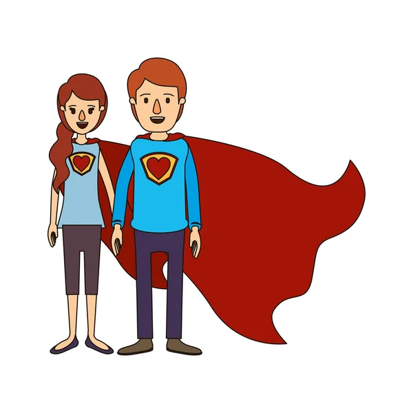 Silueta colorida dibujos animados cuerpo completo pareja super héroe con símbolo del corazón en uniforme — Vector de stock