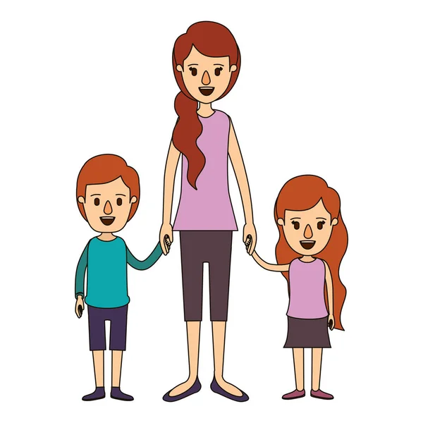 Cor imagem caricatura corpo inteiro mãe tomada de mão com crianças —  Vetores de Stock