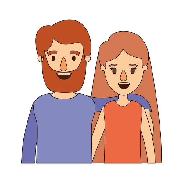 Color imagen caricatura medio cuerpo pareja mujer con el pelo largo y barbudo hombre — Vector de stock