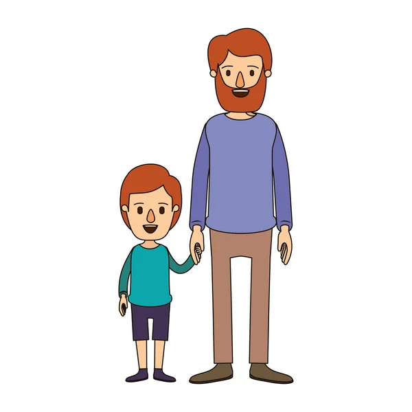 Color image caricature full body man taken hand with little boy — Stock Vector