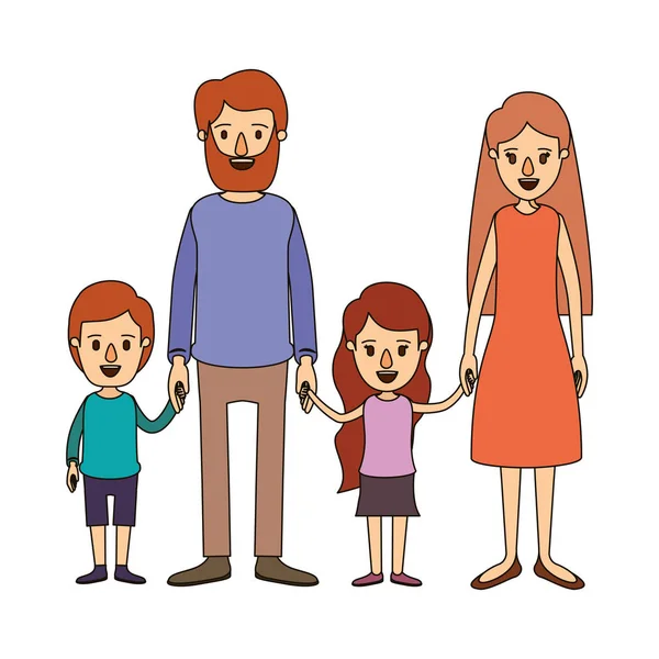 Couleur image caricature famille avec parents et petits enfants pris mains — Image vectorielle