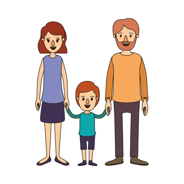 Couleur image caricature famille avec père barbu et maman avec les cheveux courts avec petit garçon pris les mains — Image vectorielle