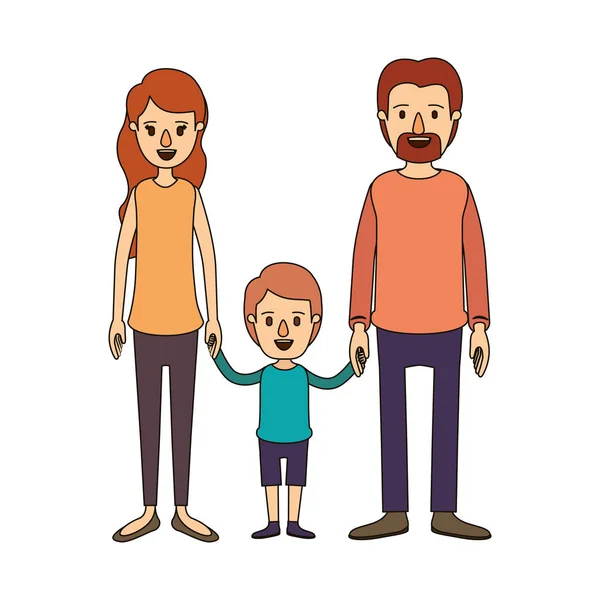 Kleur beeld karikatuur familie met ouders en kleine jongen handen genomen — Stockvector