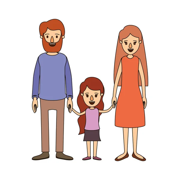 Color imagen caricatura familia con padre barbudo y mamá con el pelo largo con niña tomó las manos — Vector de stock