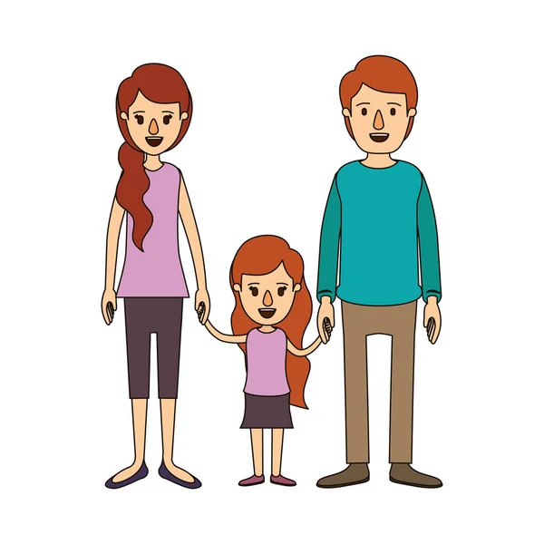 Color image caricature family with young father and mom with side ponytail hair with little girl taken hands — Stock Vector
