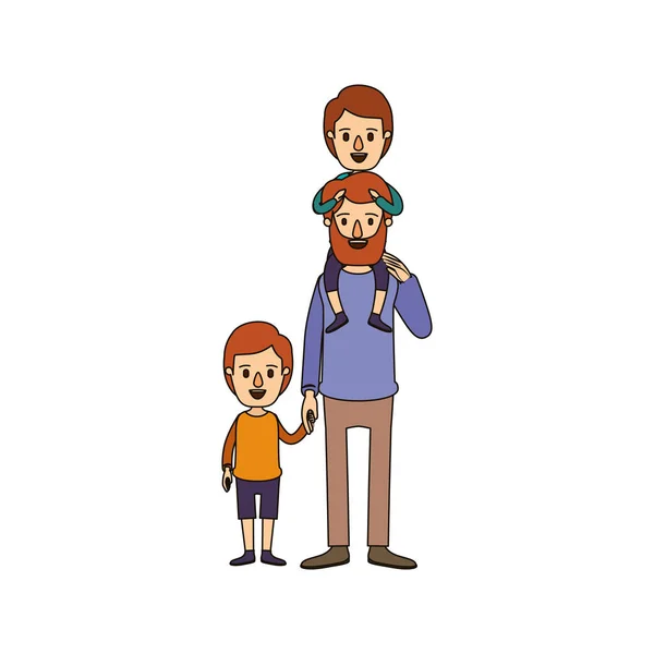 Immagine a colori caricatura barbuto padre con ragazzo sulla schiena e bambino preso le mani — Vettoriale Stock