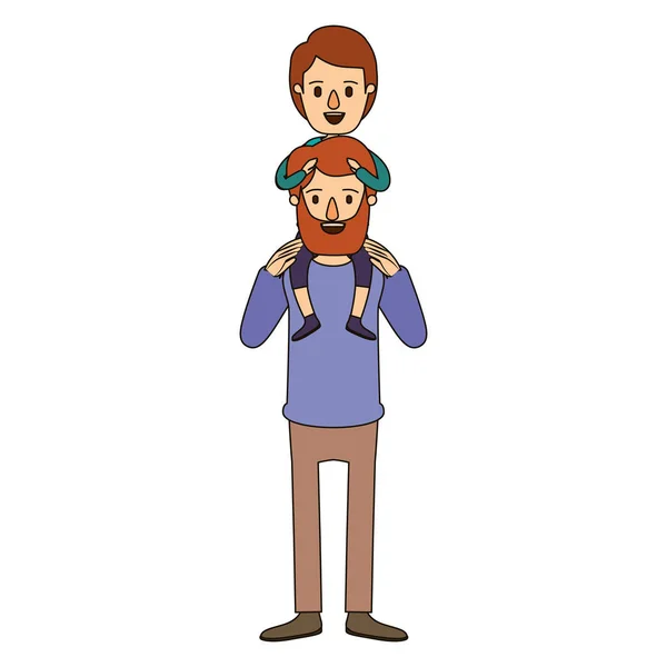 Color image caricature bearded father with boy on his back — Stock Vector