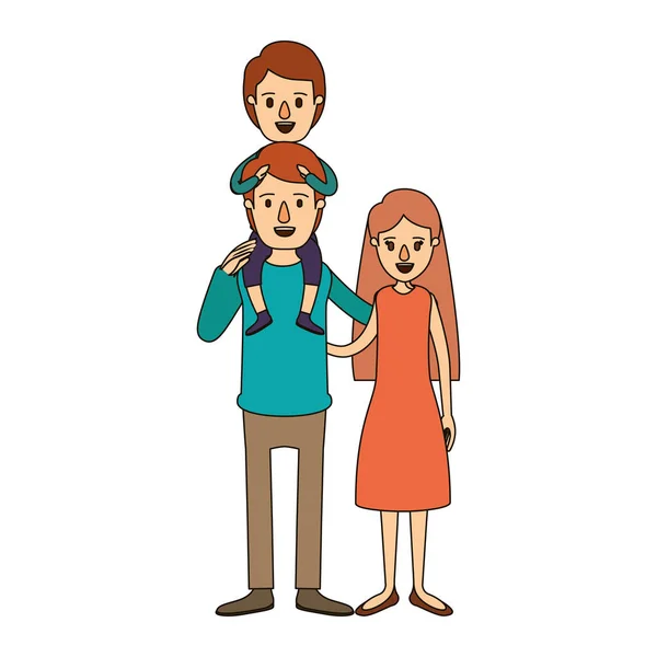 Kleur beeld karikatuur familie vader en moeder met de jongen op zijn rug — Stockvector