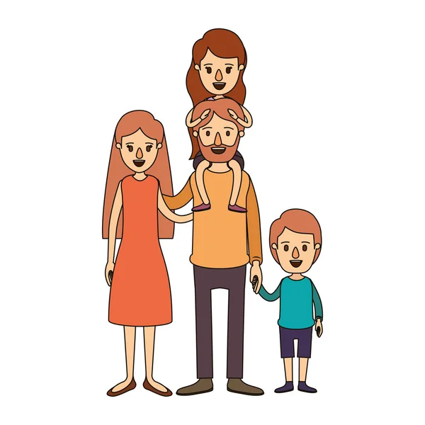 Farbbild Karikatur Familie Eltern mit Mädchen auf dem Rücken und Jungen genommen Hände — Stockvektor