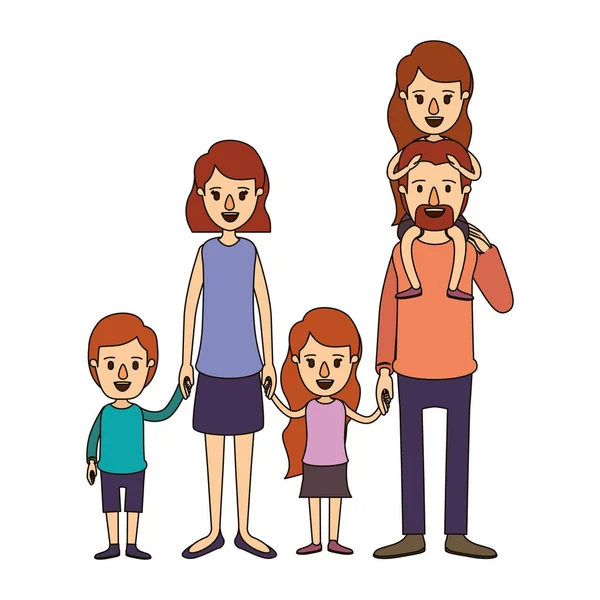 Couleur image caricature grande famille parents avec fille sur son dos et les enfants ont pris les mains — Image vectorielle