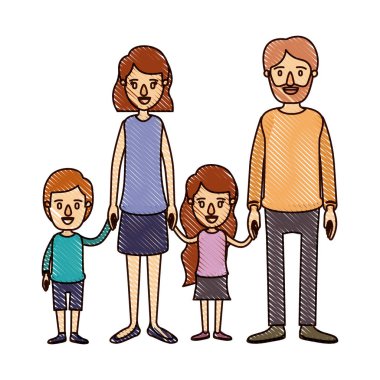 Anne ve küçük çocuklar alınan eller ile renk mum boya şerit çizgi film aile grubu