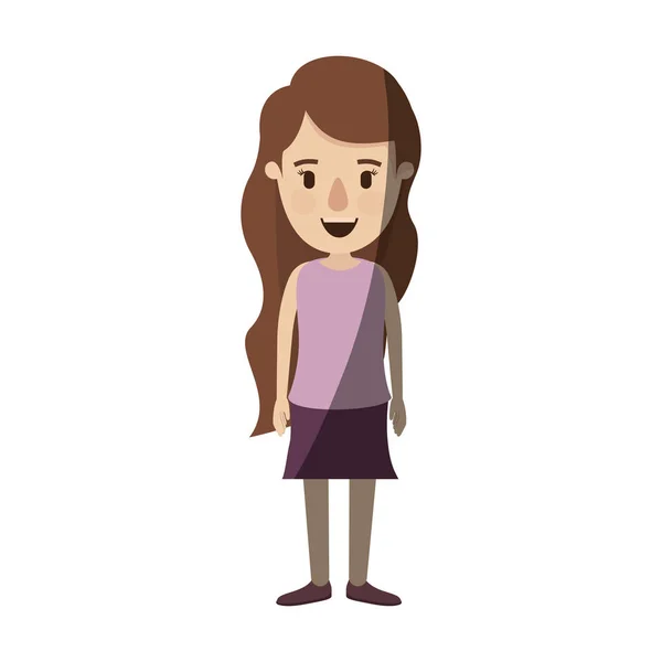 Couleur claire ombre caricature corps complet femme avec les cheveux longs ondulés en jupe — Image vectorielle