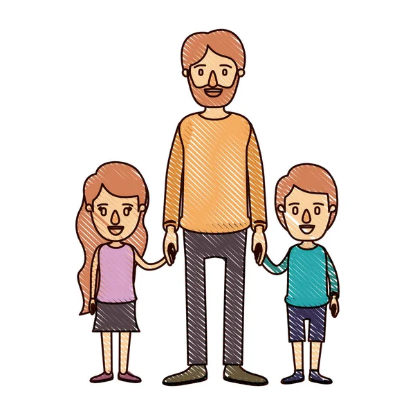 Couleur crayon bande dessinée corps complet barbu homme pris main avec fille et garçon — Image vectorielle