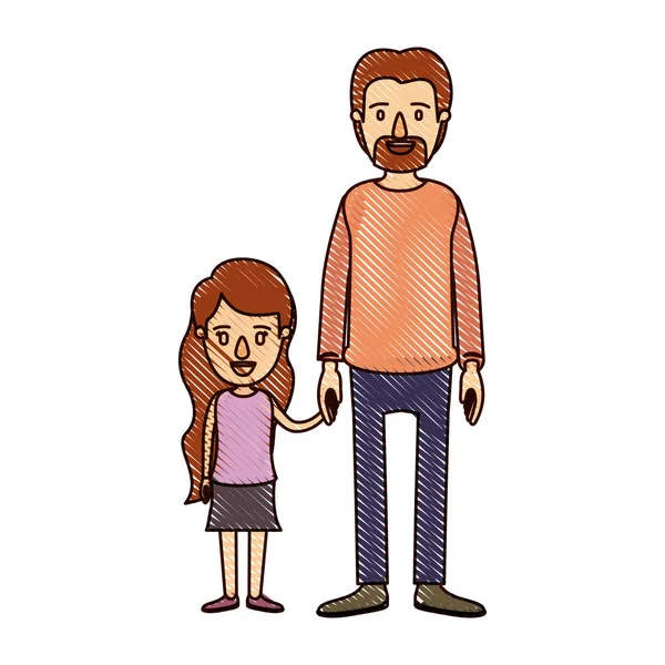 彩色蜡笔条纹卡通全身男人带女孩的手 — 图库矢量图片
