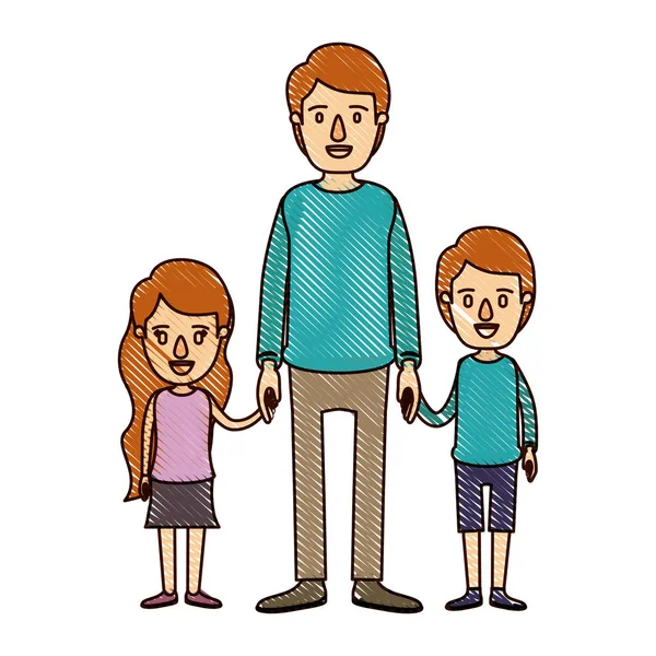 Kleur krijt stripe cartoon hoofdgedeelte man hand genomen met jongen en meisje — Stockvector