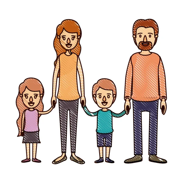 Kleur krijt stripe cartoon familiegroep met ouders en kinderen die handen — Stockvector